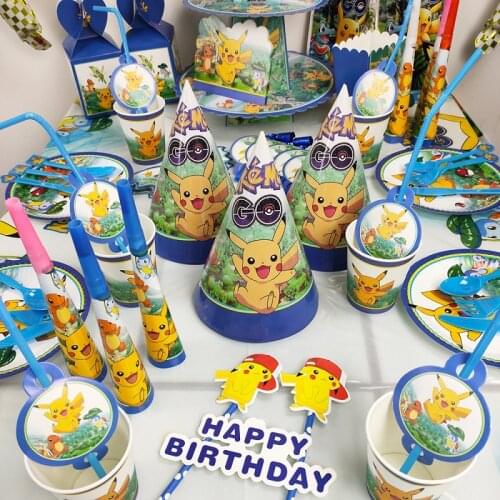 16pcs Pokemon Birthday party supplies kids birthday party decorations Pikachu tableware tablecloth background kids party gifts
