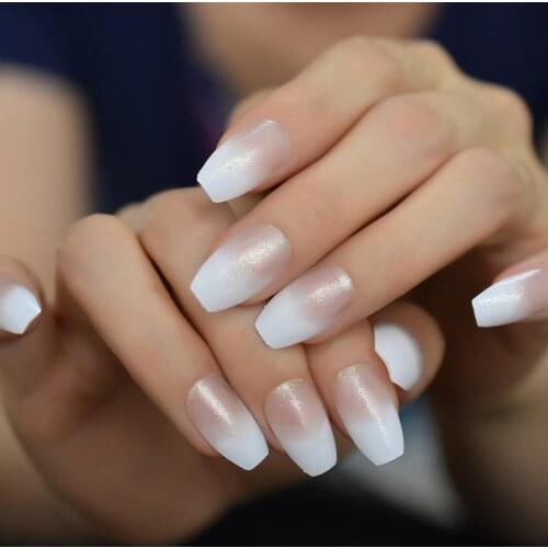 Gradient Jelly White French Coffin Press on False Nails Shimmer Glitter Ballerina Fake Fingers Nail Daily Wear 24pcs