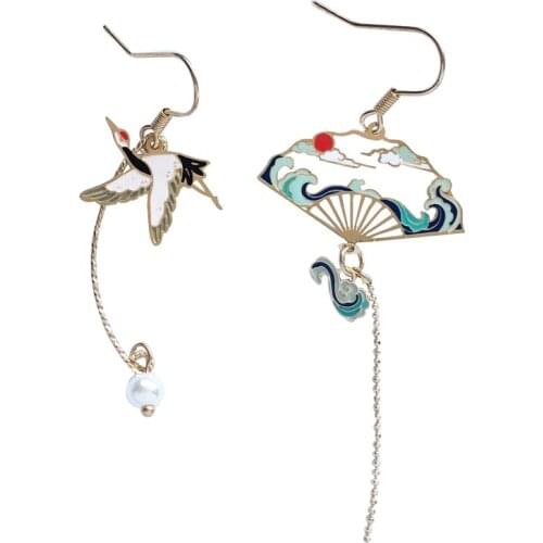 Wholesale Chinese National Asymmetric Fan Earrings Red-crowned Crane Wave Creative Hollow Retro Style Ear Stud Wholesale