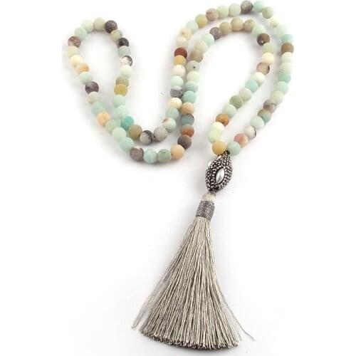 Free Shipping Amazonite Stones Bohemian Tribal Jewelry Oval Pearl Crystal Ball and Grey Tassel Necklace