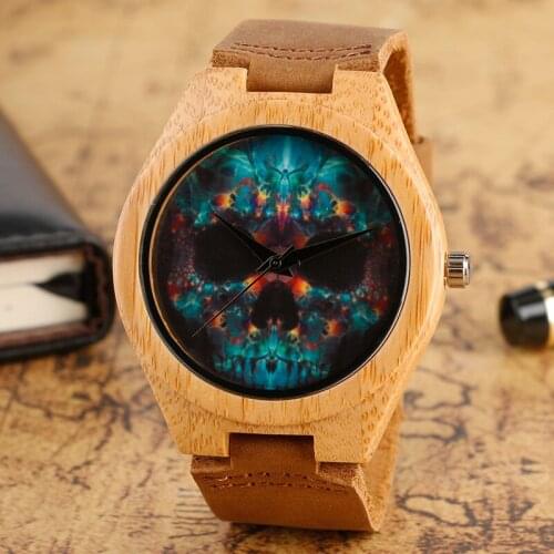Fashion Creative Rock Skull Nature Wood Watches Handmade Steampunk Quartz Wrist Watch Genuine Leather Bamboo Band Wooden Watch