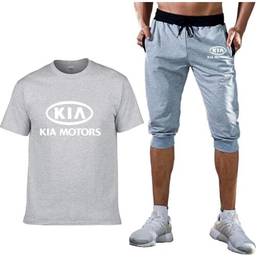 Summer Mens T-Shirt KIA Car Logo print Casual Short sleeve Hip Hop high quality Casual Cotton Mens T-shirt+shorts suit 2pcs