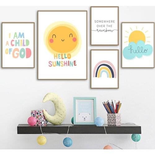 Hello Sunshine Cartoon Sun Rainbow Childrens Kids Room Decoration Canvas Painting Home Decoration Living Room Decoration Poster