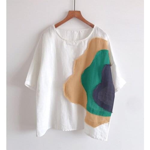 Cotton Linen Patchwork Women T-Shirts Summer New Design 2021 O-Neck Loose Batwing Sleeved Casual Female Pulls Tops Tees