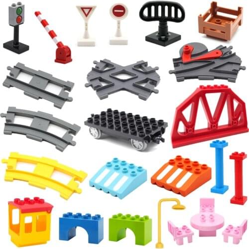 Big Building Blocks Compatible Duplo Railway Transport Train Tracks Traffic Lights Bridge Accessories Bricks Toys For Children