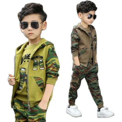 Teens Camouflage 3p/set Children Tracksuit Spring Autumn Casual Outfit Kid Boy Sleeveless Hoodies+ Sweatshirt+ Sport Pants Suit