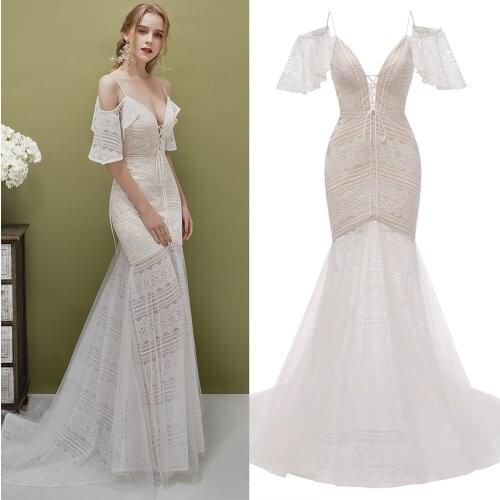 V Neck Mermaid Lace Wedding Gown Backless Lace Up Vintage Floor Length Backless Sexy Bridal Dresses 2020 Party Ballgown #1049