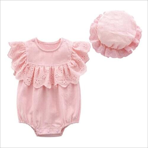 Ruffles lace romper for baby girls romper 100% cotton infant bodysuit toddler jumpsuit newborn costumes children pajamas+cap