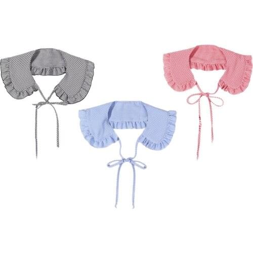 Doll Neck with Plaid Pattern Ornament & Fixing Straps for Dresses or Blouses Mini Capes with Check Pattern Decoration