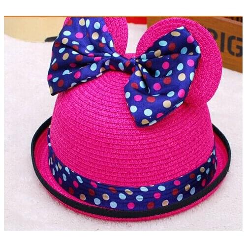 50pcs/lot girl summer straw dot cat ear sun hat chidren casual beach cartoon kid hat free