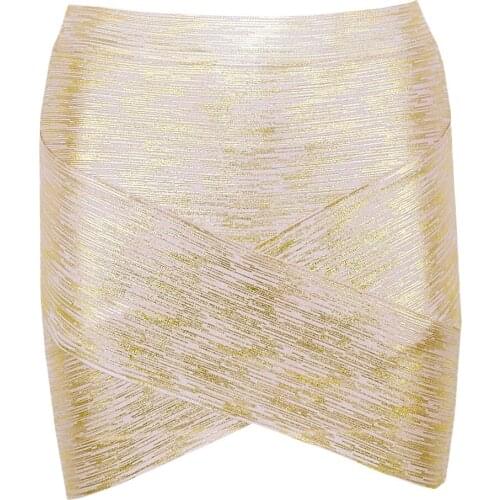 Rayon Cross Shaped 2015 Mini Bandage High Waisted Pencil Skirt Wholesale Metallic Gold