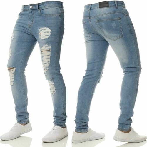 Mens Stretchy Ripped Skinny Biker Jeans Solid Color Elastic Slim Fit Destroyed Hole Denim Pants Casual Fashion Hip-pop Trousers