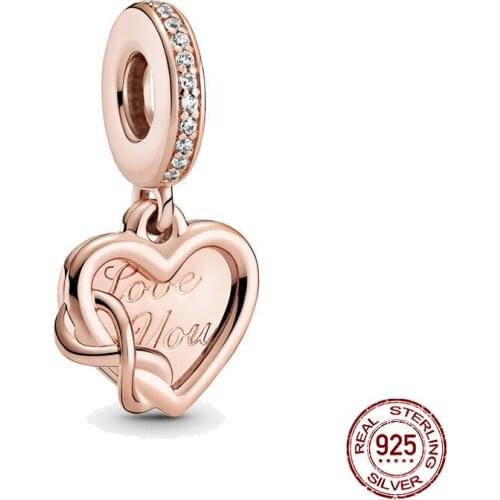 New 925 Sterling Silver Bead Love You Infinity Heart Dangle Charm fit Original Pandora Bracelets Valentines Day Jewelry Making