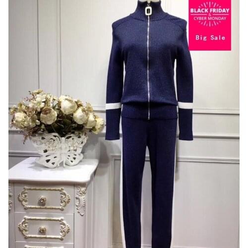 Discount 2020 winter fashion brand stitch color strip suits knit sweater tops + shiny Trousers Leisure Two-piece wj1668 dropship