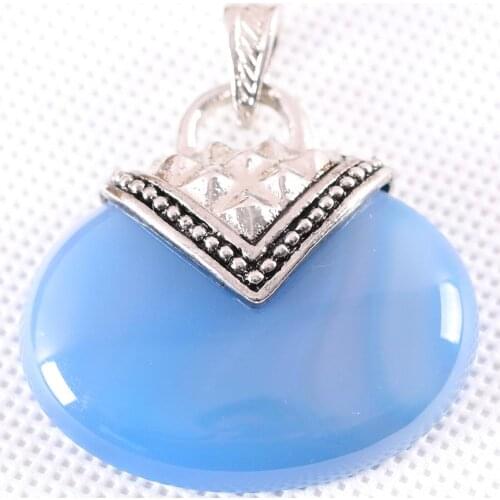 Necklace Pendant 40x40MM Oval CAB Cabochon Natural Stone Blue Onyx Bead Jewelry Gift 1Pcs K1170