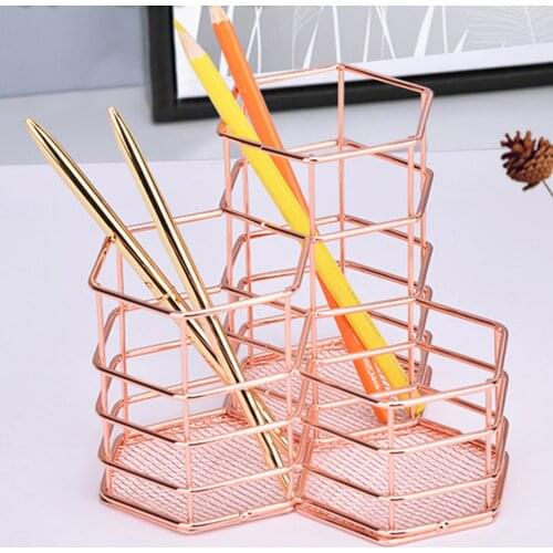 Rose Gold Iron Hollow Desk Pencil Holder Rack Makeup Brushes Storage Shelf