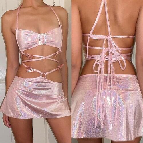 2021 Glitter Pink Two Piece Set Fairy Sexy Crop Top Mini Skirt Summer Clothes Sexy Straped Club Rave Festival Outfit Tank Tops
