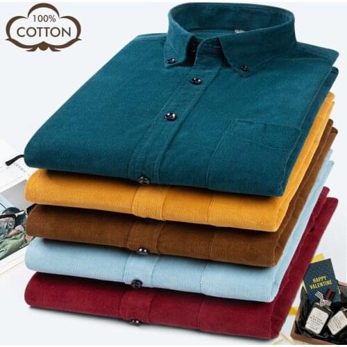 R01 Four Season Men Corduroy Shirt Classic Vintage Gentlemen Cotton Pocket Solid 7 Color Long Sleeve Pleated Button Lapel Tops
