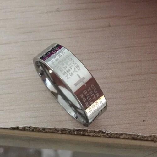 Silver english bible ring 8mm 316 Titanium Steel white gold color cross Letter prayer bible wedding band ring men women