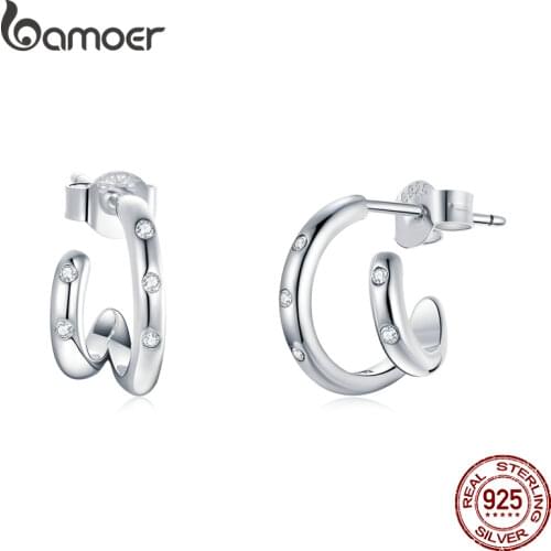 BAMOER 925 Sterling Silver Zircon Simple Double Loop Base Earrings Stud for Original Design Women Wedding Fine Jewelry BSE494