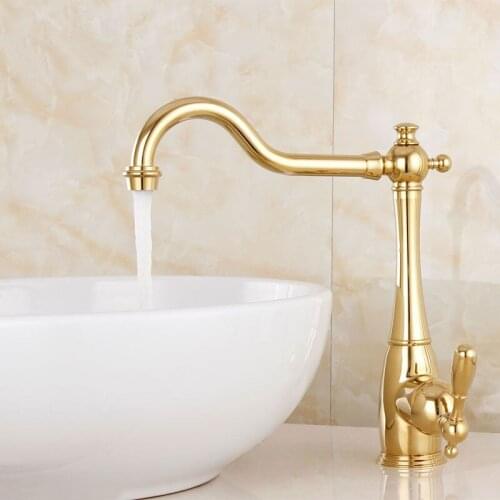 Kitchen Sink Faucets Hot & Cold Solid Brass Basin Mixer Crane Tap Single Handle Deck Mounted Rotating Free Shipping Gold Finish