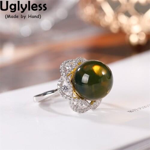 Uglyless Sparkly Crystals Flower Rings for Women Natural Blue Perot Amber Rings Elegant Lady Gemstones Dress Jewelry 925 Silver