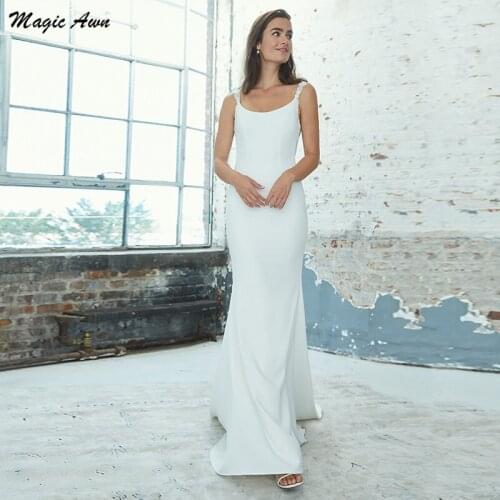 Magic Awn Modest Mermaid Wedding Dresses Beach Satin Lace Appliques Backless Simple Cheap Mariage Gowns Princess Vestido Branco