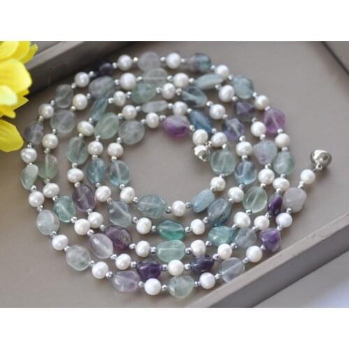 Z10614 8”~100" 12mm Green Purple Baroque Fluorite White Round Pearl Necklace magnet