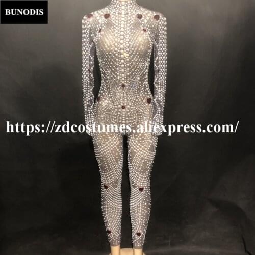 ZD268 Lastest Style Women Jumpsuit Net Yarn Full Of Glass Sparkling Crystals Pearls Bodysuit Nightclub Party Stage Wear Bling