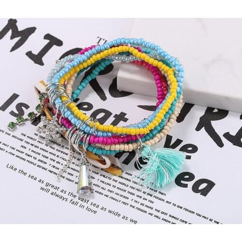 Women Bohemian Jewelry Tassel Bowknot Beach Charm Bracelets Bangles For Women Boho Snowflake Multilayer Bracelet Set Femme