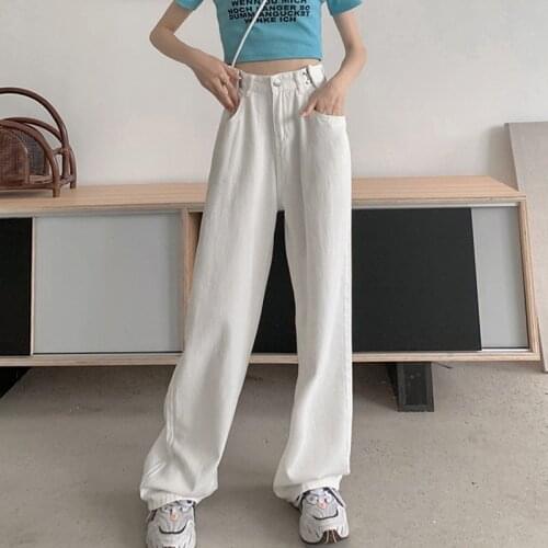 Women High Waist Casual Denim Pants New Arrival 2021 Korean Style Solid Color All-match Loose Female Straight Trousers W440