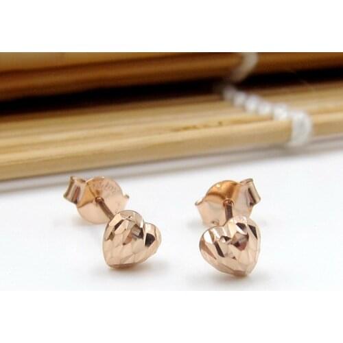 Real 18K Solid Gold Earrings Women Luck Heart Stud Earrings 0.9-1g 5mmW Wedding Gift