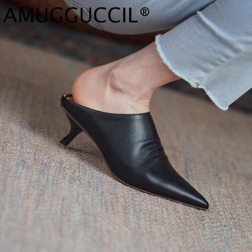 2021 New Real Leather Plus Big Size 33-43 Black Beige Apricot Fashion Mid Heel Female Lady Women Mules Shoes Pumps D1378