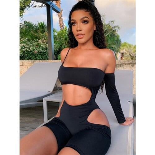 Macheda Sexy Hollow Out One Shoulder Women Playsuit Summer Black Streetwear Clothes party Lady Fitness Body Romper 2020 New