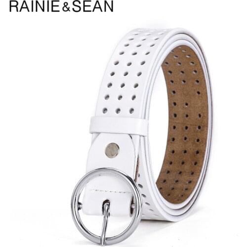RAINIE SEAN White Waist Belts Women Hollow Out Real Leather Belts for Women Round Buckle Brand Female Trousers Belt for Jeans