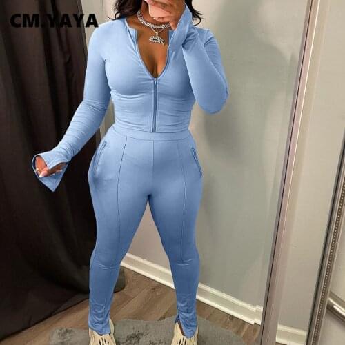 CM.YAYA Women Tracksuit Solid Zip Slim Crop Tops + Pockets Pants Two 2 Piece Set Fashion Casualwear Sporty Sweatsuit Fall Outfit