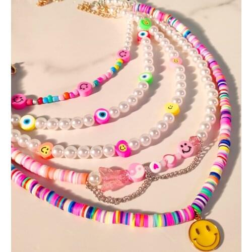 Boho Smiley Pink Polymer Clay Beaded Necklace For Women Candy Handmade Heishi Bead Baroque Pearls Choker Beach Vacation Jewelry