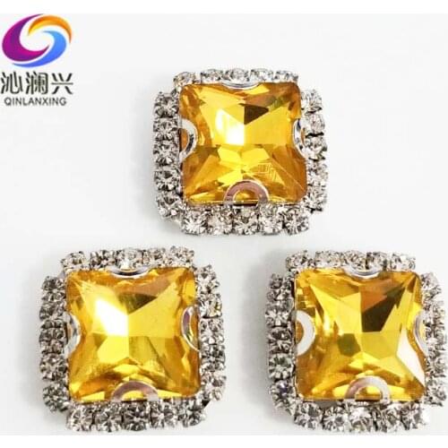 Golden yellow square shape high quality Crystal glass buckle,silver base sew on rhinestones for Diy/jewelry accessories SQK18