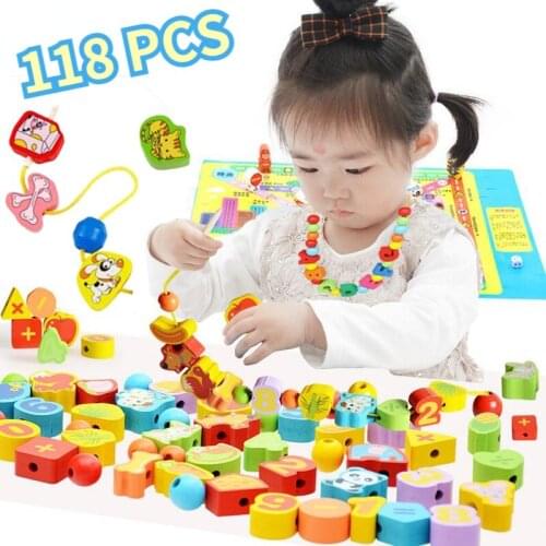 118pcs Kids Wooden Stringing Beads Kit Toy Montessori DIY Cartoon City Traffic Educational Beads Beading Jewelry Girls Kid Toys