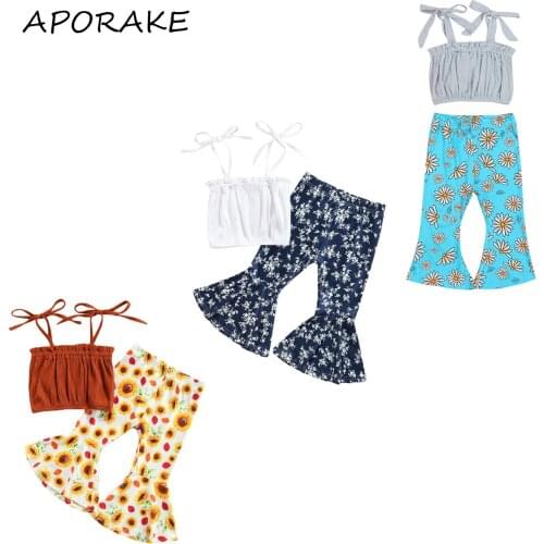 2021 1-6Y Boho Kids Baby Girl Clothes Set Summer New Solid Color Bandage Crop Top Vest+Floral Print Flare Pants 2pcs