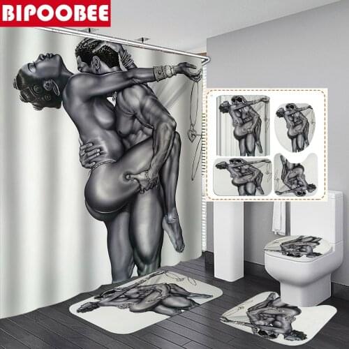 Black African American Couple Lover Bathroom Shower Curtain Afro Woman Washroom Non-slip Carpet Toilet Cover Bath Mats Rugs Set