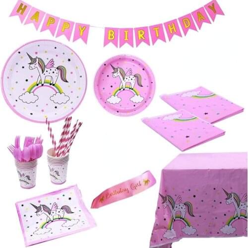 Flower Rainbow Unicorn Childrens Birthday Party Decorations Disposable Tableware Paper Cup Plate Napkin Wedding Decor Supplies