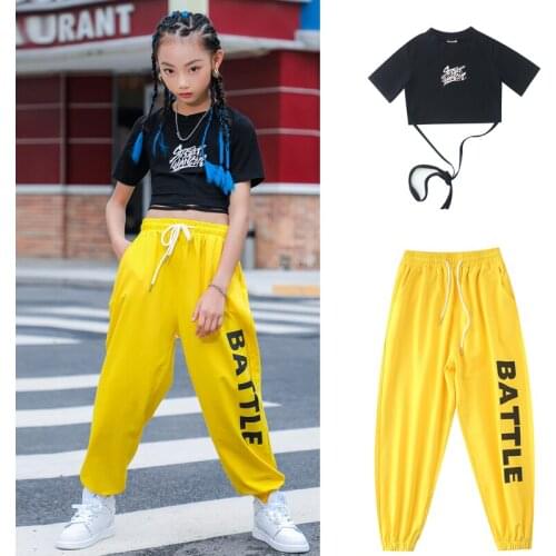 Kids Clothes Girls Jazz Dance Costumes Black Crop Top Cargo Pants Suit Dancers Outfits Hip Hop Clothes Street Dance Wear DN9395