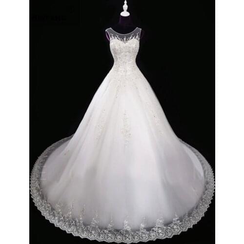 Elegant O-Neck Sleeveless Chapel Train Lace Up Back Wedding Dress Custom Made Embroidery Appliques Tulle Bridal Ball Gown