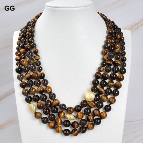 GuaiGuai Jewelry 18''-21'' 4Strands Smoky Quartz Tiger Eye Necklace For Women Lady Jewelry