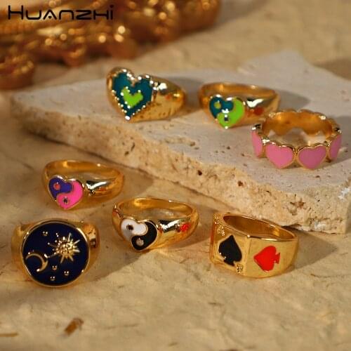 HZ 2021 New Vintage Colorful Tai Chi Gold-plated Moon Sun Heart Drop Oil Metal Rings For Women Girls Fashion Jewelry Gifts
