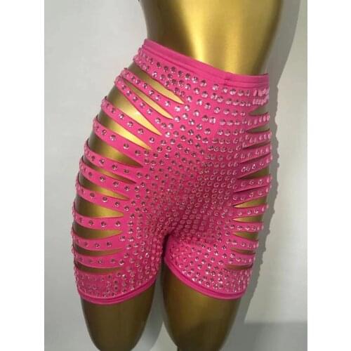 Sparkly Pink Stones Bikini Set Costume Rhinestones Bra Short Outfit Prom Birthday Celebrate Dance Outfit