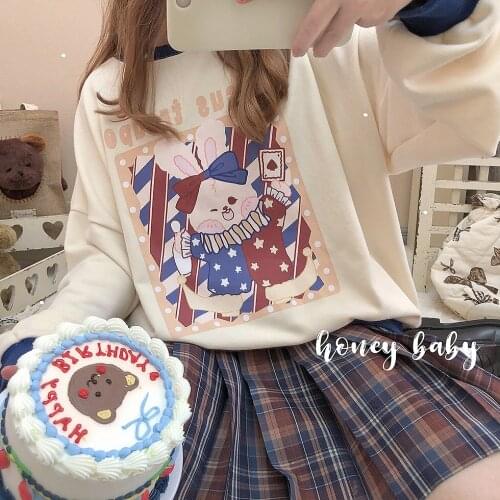 Rabbit Magician Fall Winter Womens Loose Sweatshirt Long Shirt Cute Long Sleeve Pullovers Hoodies Patchwork Vintage Style