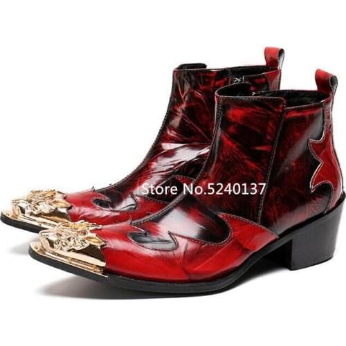 Metal Toe Red Men Ankle Boots 2019 New Item Side Zip Chunky Heel Nightclub Fashion Short Chelsea Boots Men