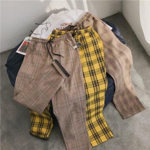 Mens Korean Casual Pants Harem Pants 2021 Spring and Summer Mens Black Plaid Yellow Plaid Fashion Striped High-quality Pants